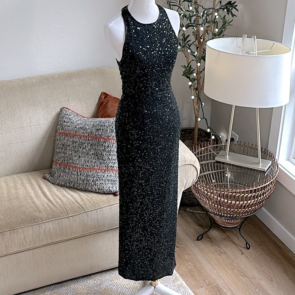 Vintage Laurence Kazar silk long black sequin column dress SZ XS-S